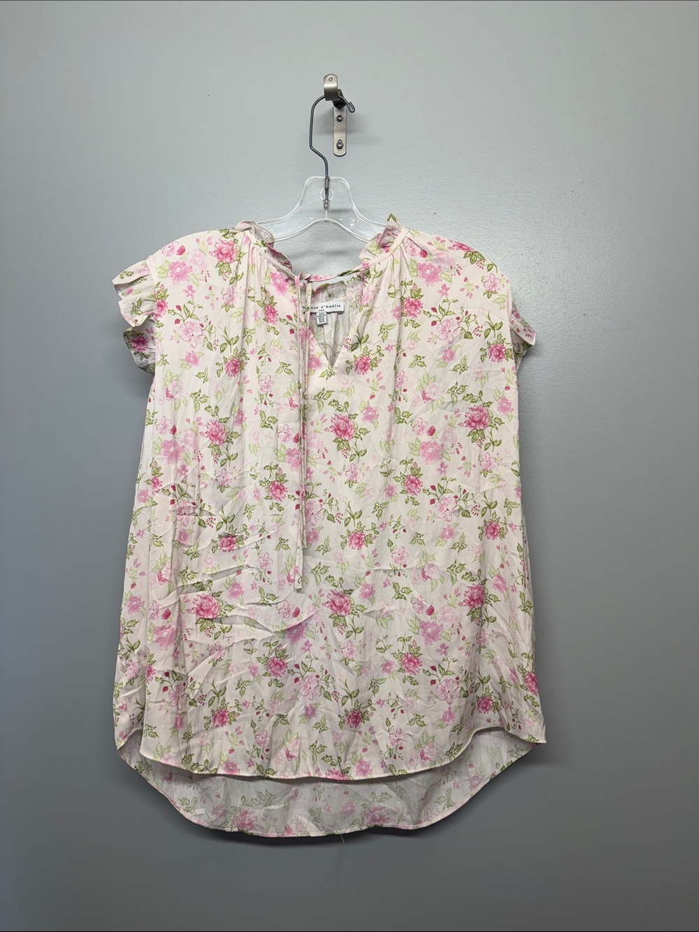 Anthropologie Maison d’Amelie Pink Cream Floral Split-Neck Cap Sleeve Blouse